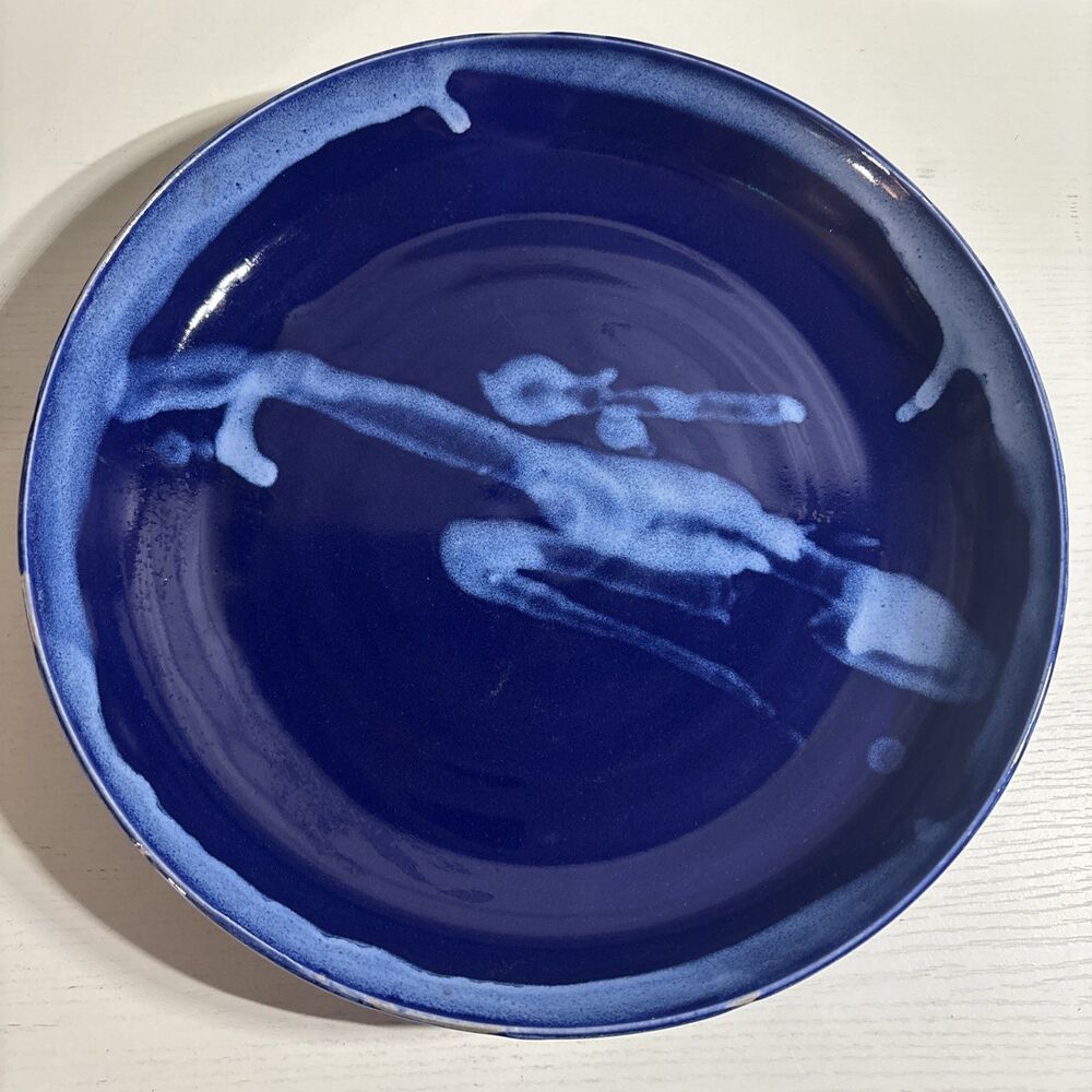 Vintage 1991 Marjott Studio Art Pottery Blue Shallow Serving Bowl 11” Signed